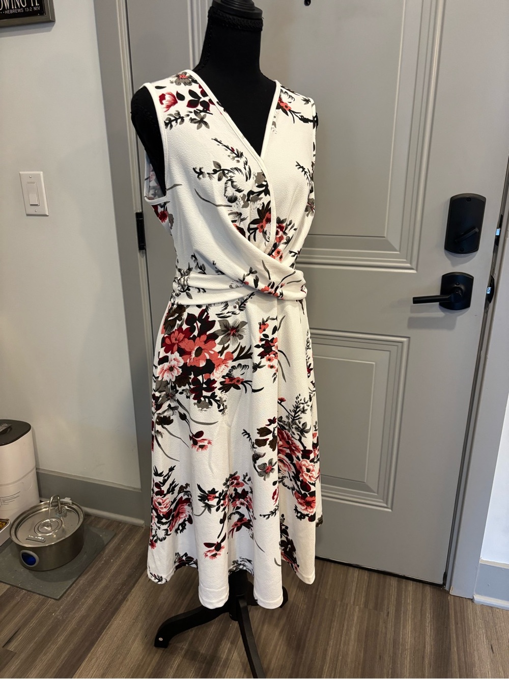 SHEIN White Midi Wrap Dress with Red and Pink Floral Print